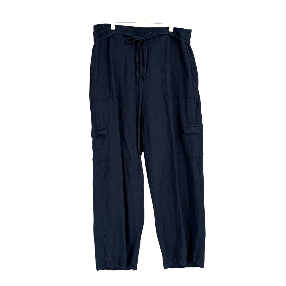 J. Jill Navy Blue Linen Blend Cargo Pants Size 18 Tall Wide Leg Tie Belt Coastal